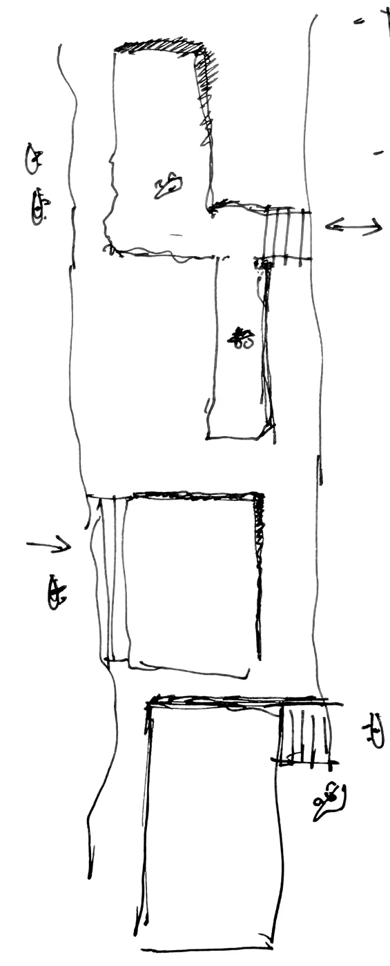 Plan sketch of three platforms stepping along one side of a canal, with stairs down from the street