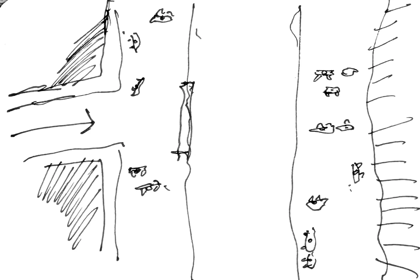 Plan sketch of a side street opening onto a canal, with people walking on both quays