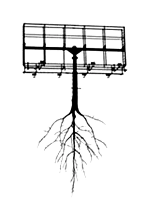 Line drawing of a billboard frame whose post turns into roots